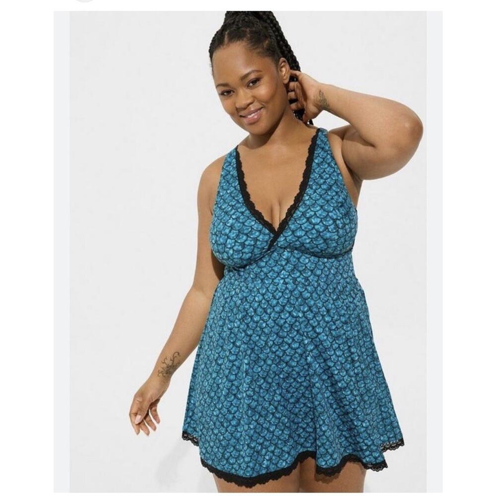 torrid Blue Patterned Lace-Trim One-Piece Swimdress